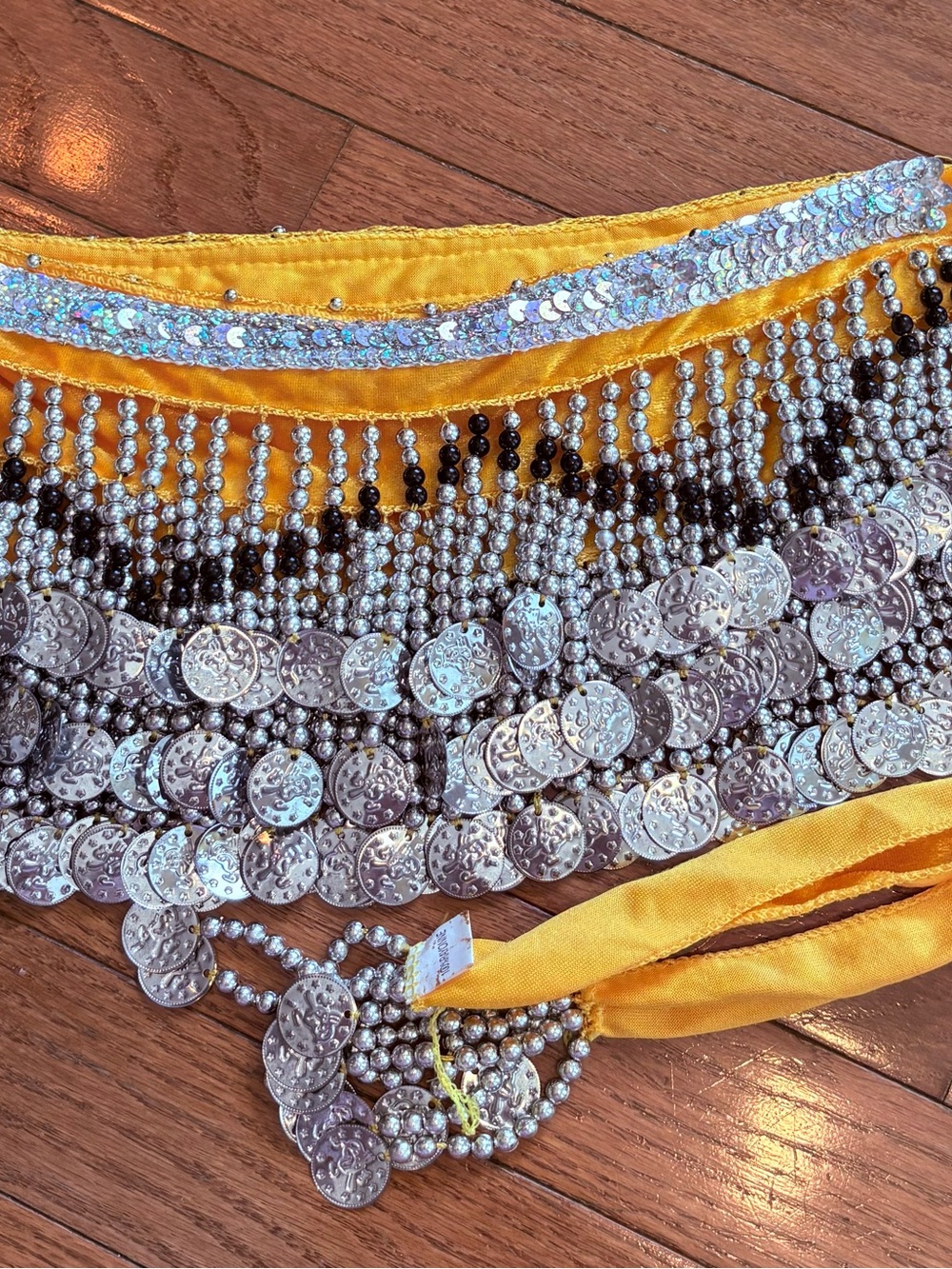 Egyptian Style Dance Hip Scarf With Silver Sequins Trim And Black & Silver Beads